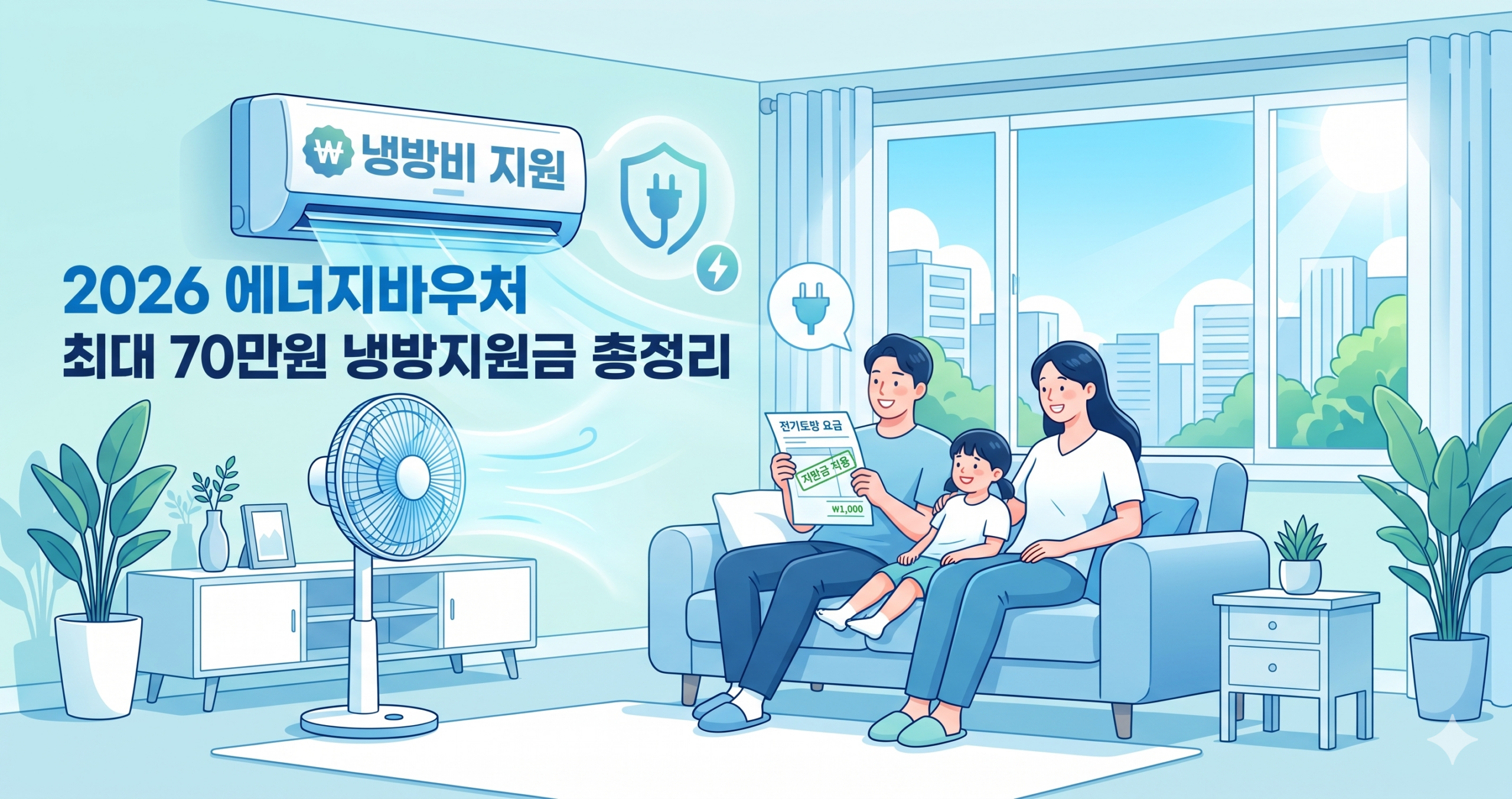 2026 에너지바우처로 여름 냉방비와 겨울 난방비를 지원받는 모습을 나타낸 이미지