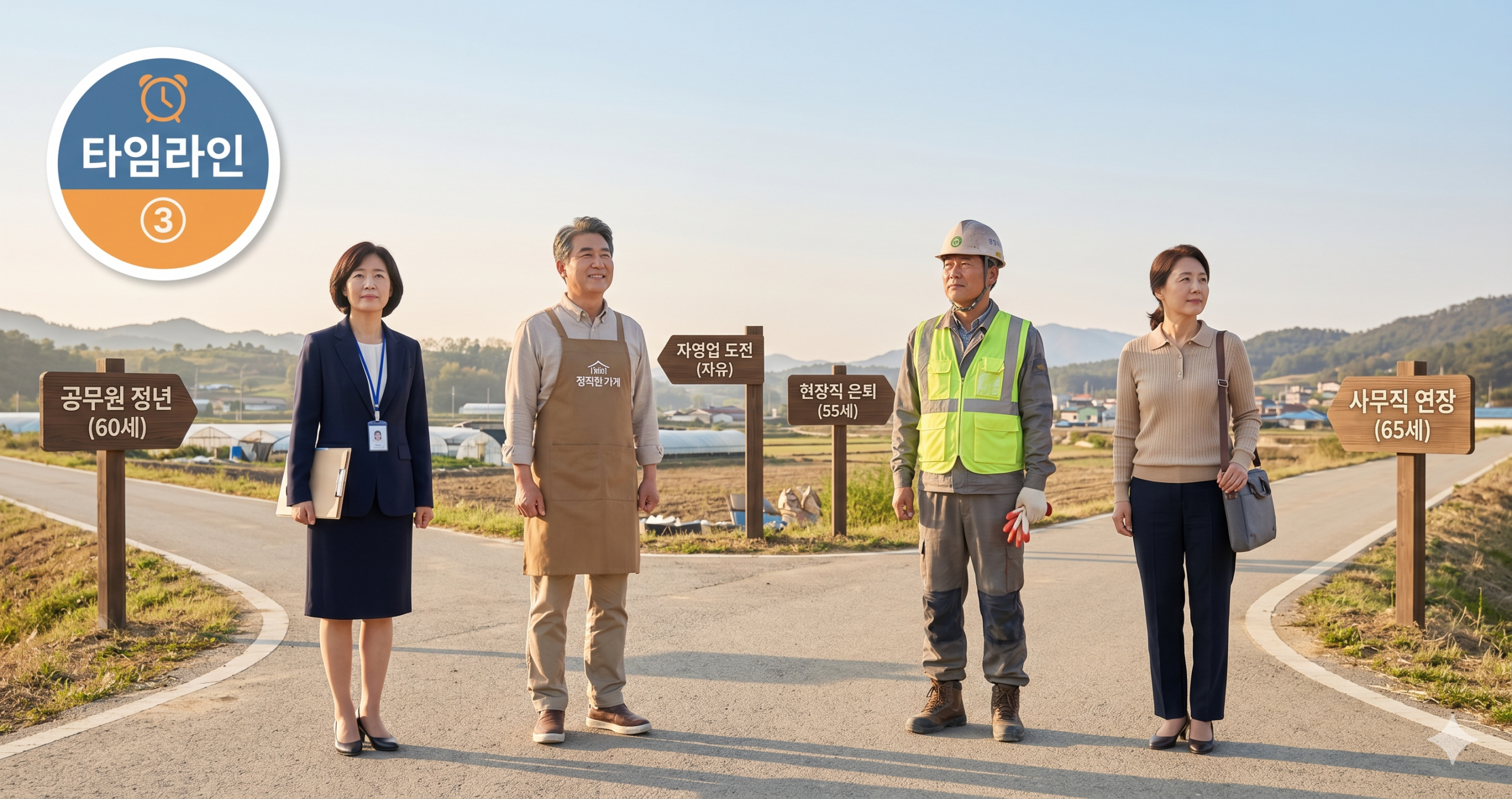 직업군별로 다른 퇴직 준비 시점을 갈림길로 표현한 모습을 상징