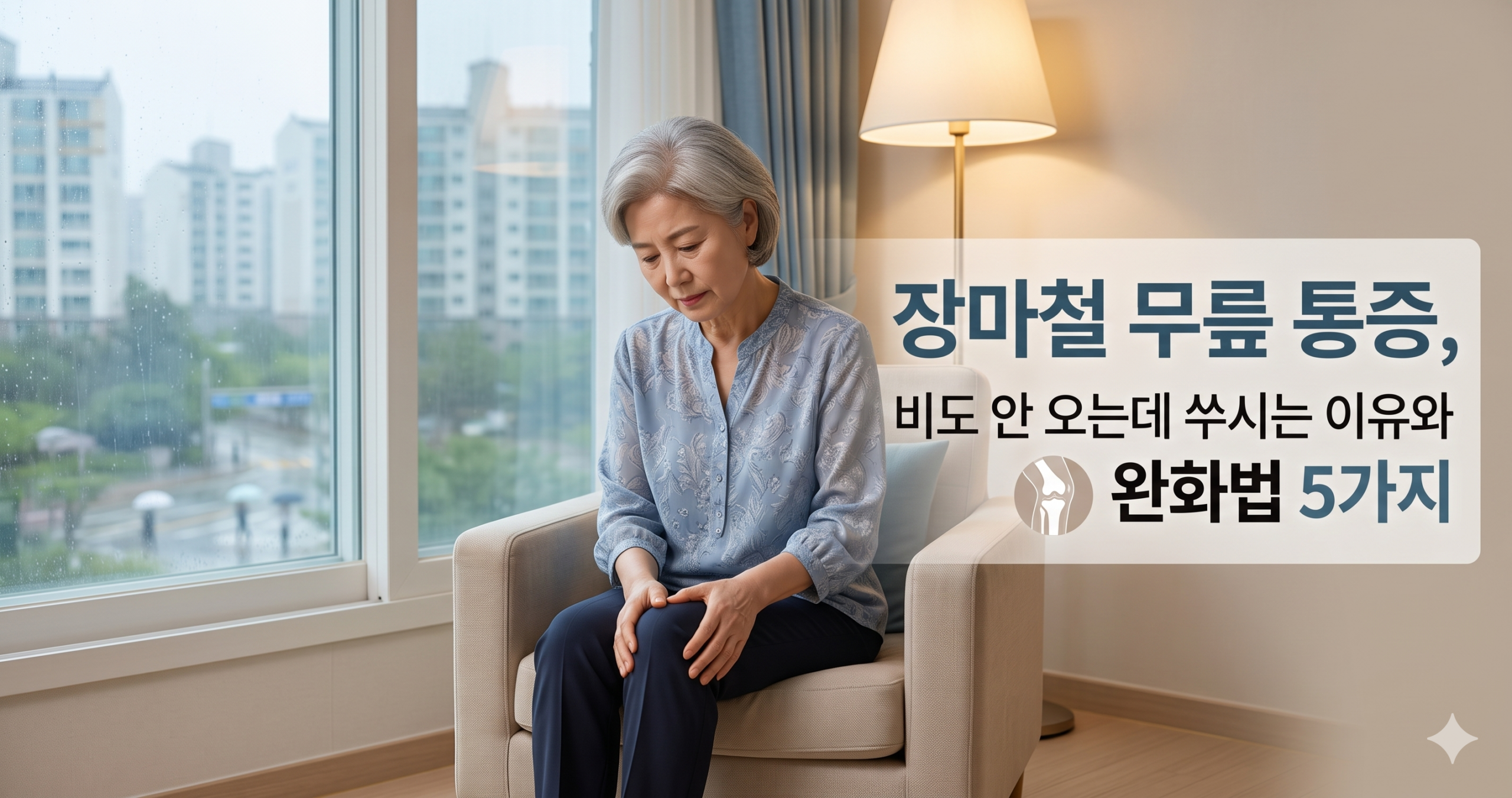 흐린 날 창가에서 무릎을 짚은 시니어가 장마철 무릎 통증을 느끼는 모습