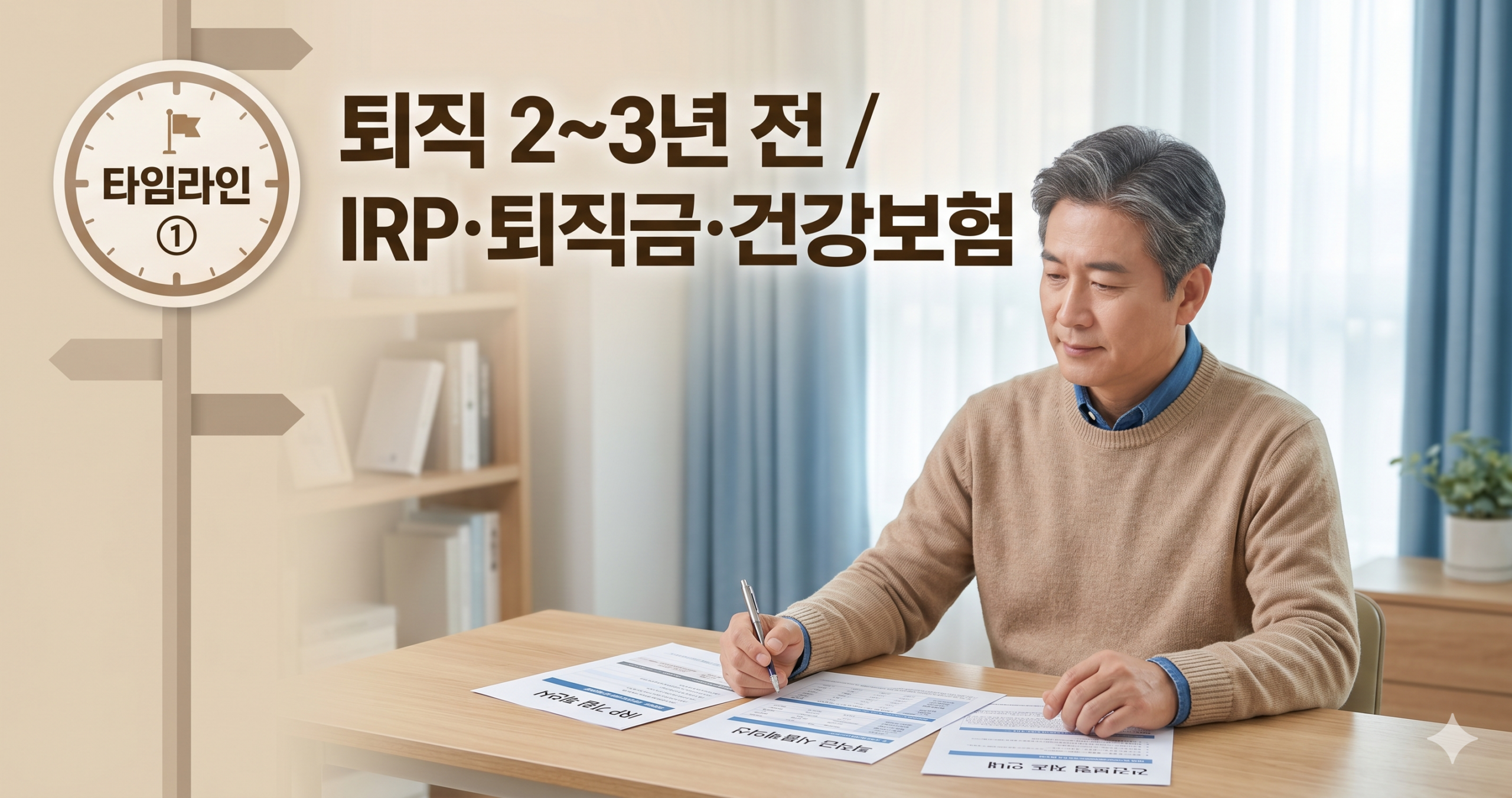 퇴직 2~3년 전 IRP·퇴직금·건강보험 준비를 점검하는 모습을 상징