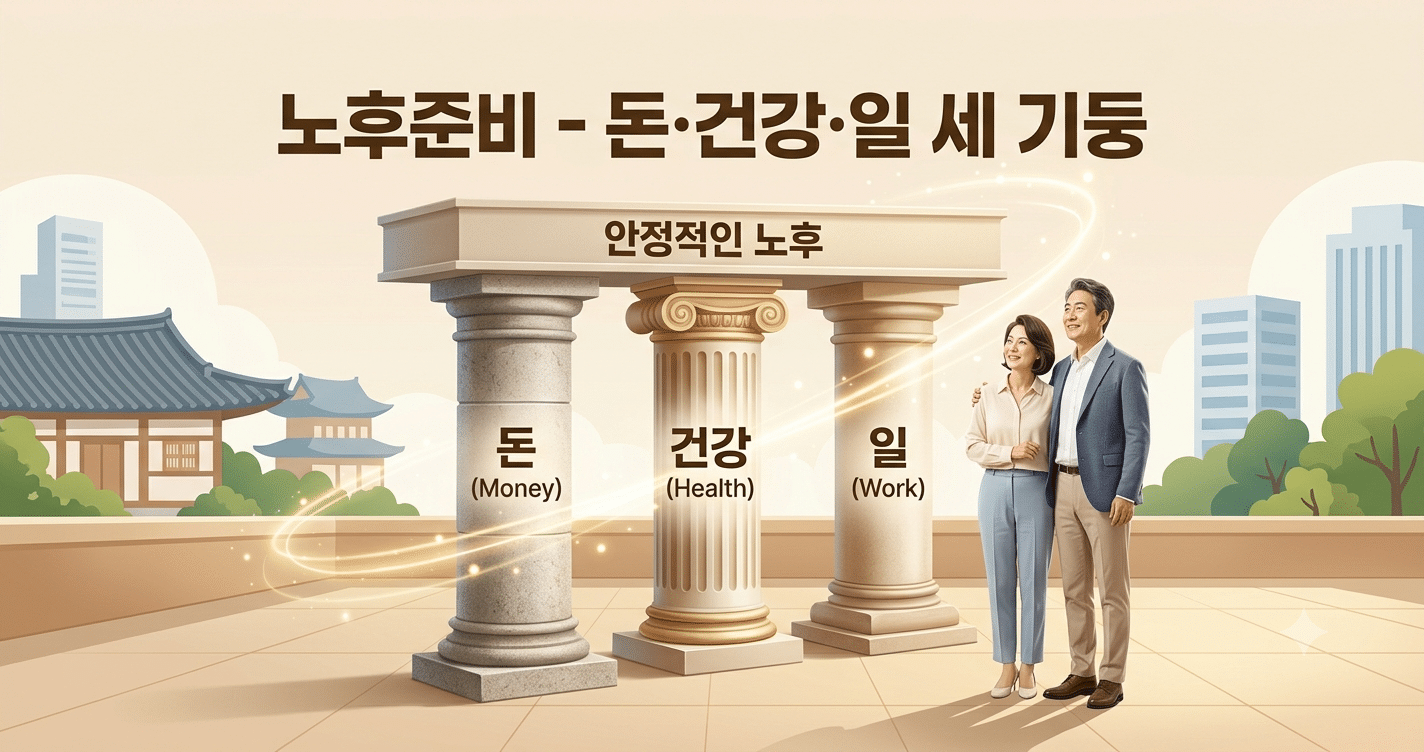 노후준비의 돈 건강 일 세 기둥을 상징하는 한국인 50~60대 부부 이미지