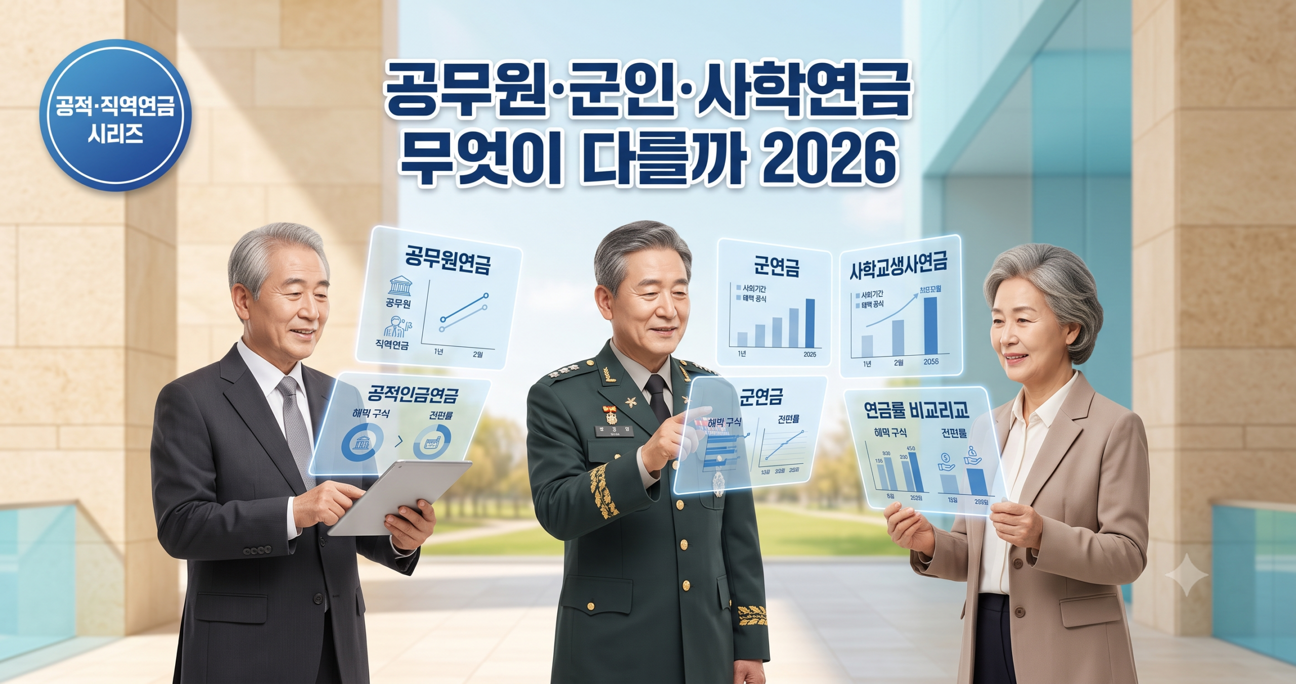 공무원·군인·사학 직역연금 3종의 차이를 비교하는 모습을 상징