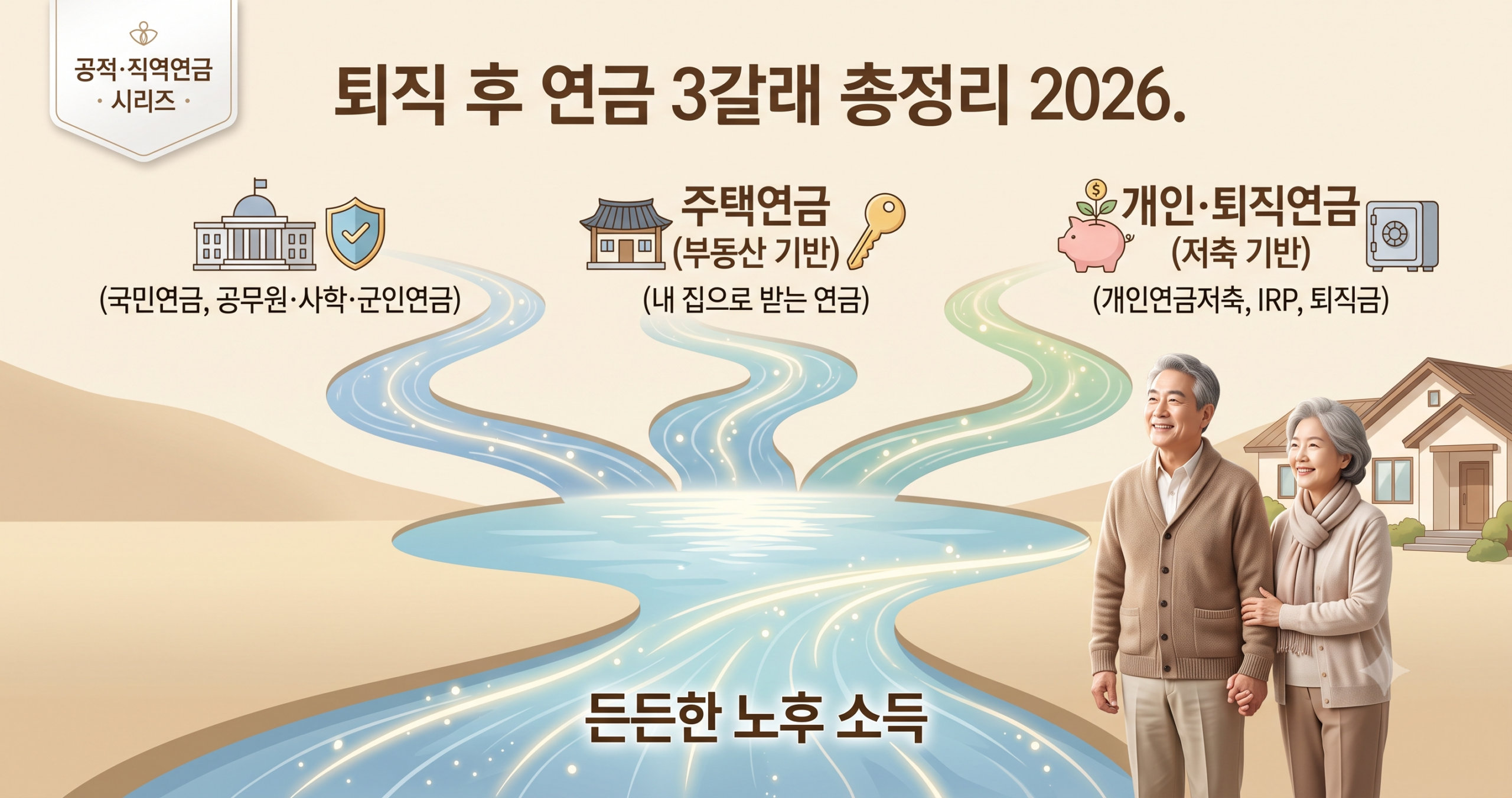 퇴직 후 노후소득 3갈래(공적·부동산·사적연금)를 한눈에 정리한 것을 상징