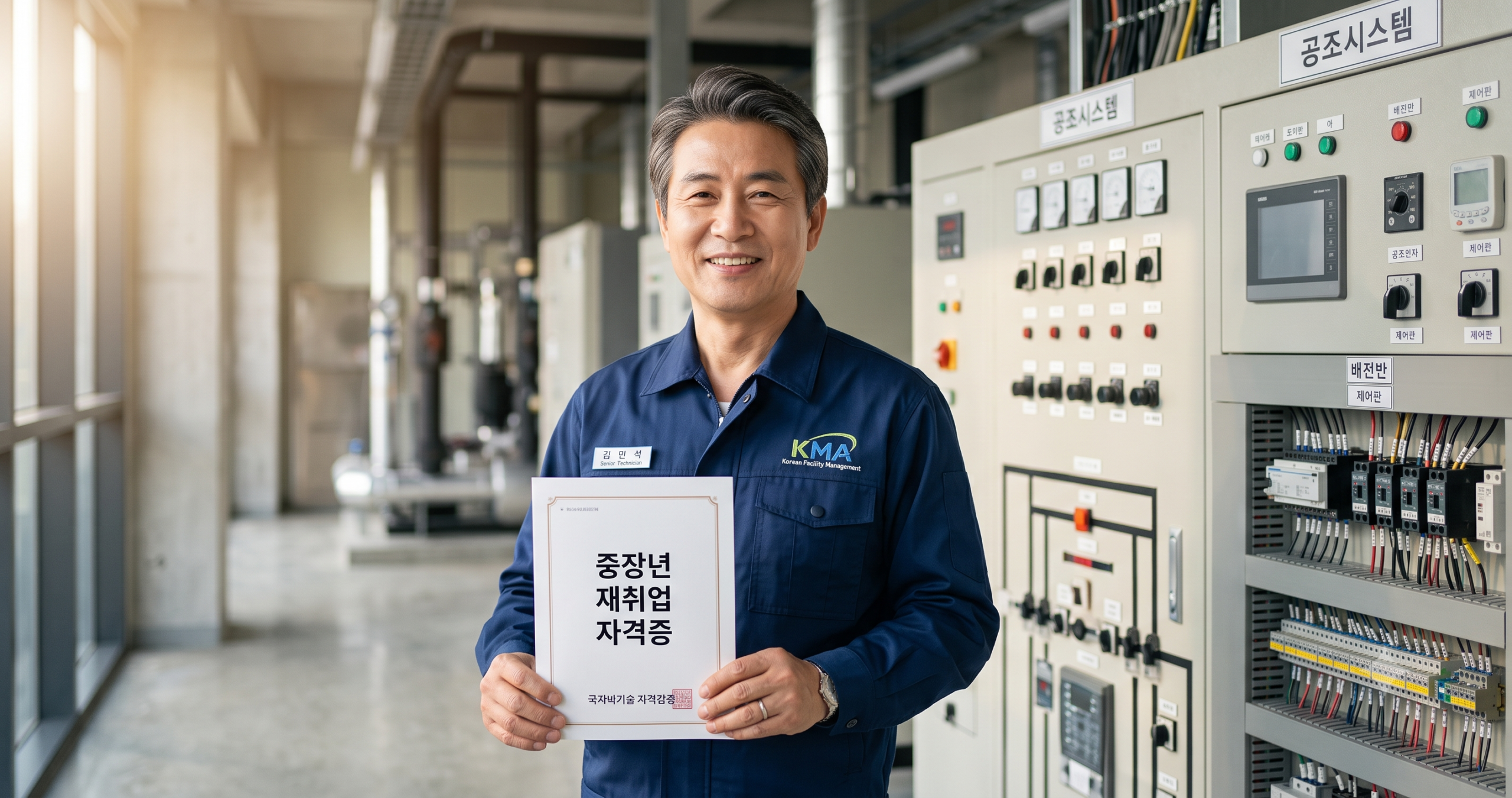 중장년 재취업 자격증을 취득해 시설관리 현장에서 일하는 5060 기술자를 상징