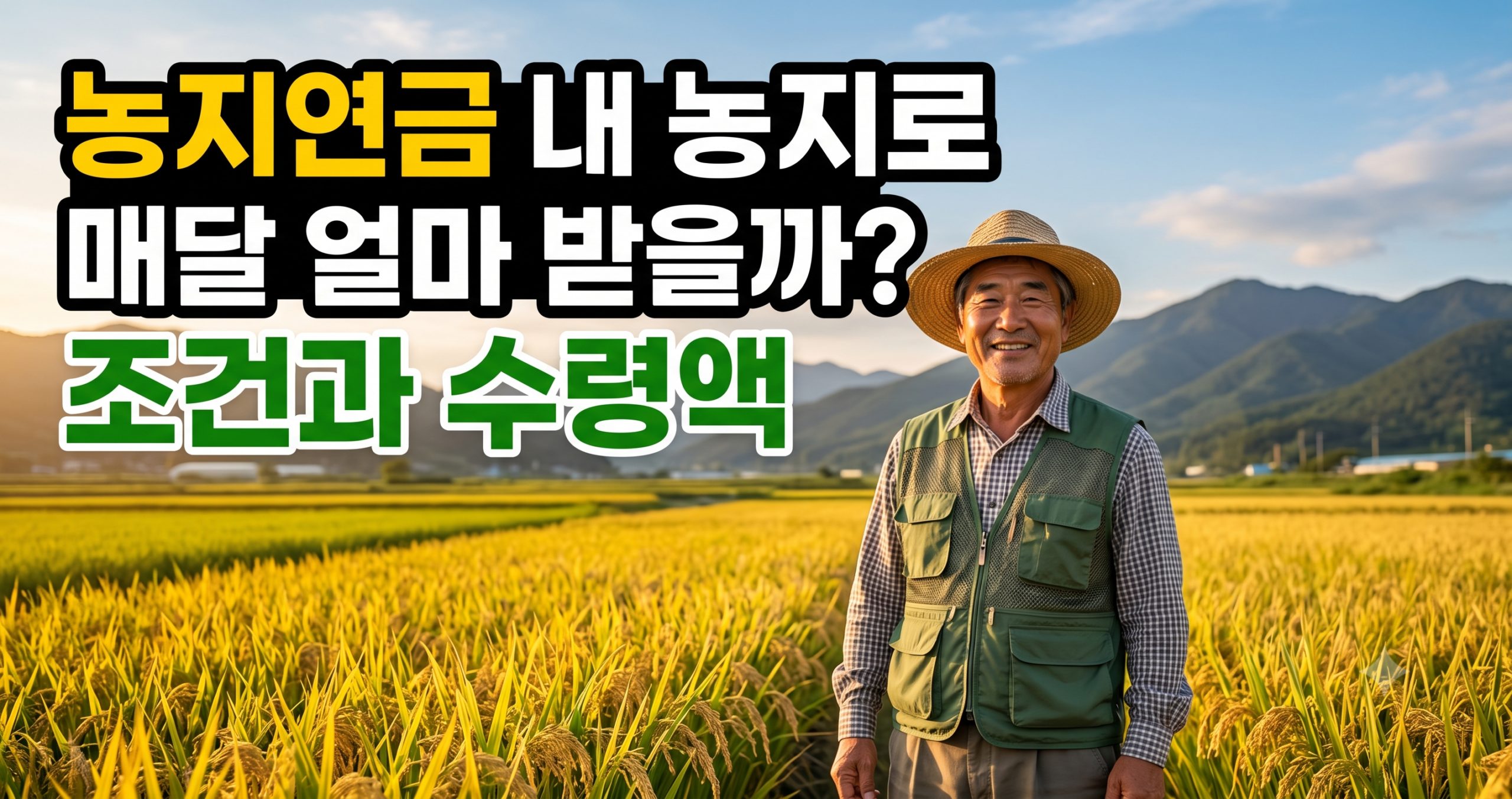 논밭을 배경으로 서 있는 60대 한국인 농업인과 농지연금 조건 안내 문구